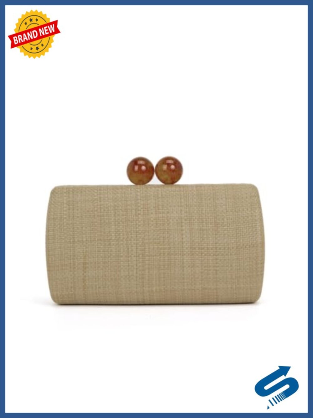 Woven Straw Effect Box Clutch with Amber Bead Clasp Evening Bag